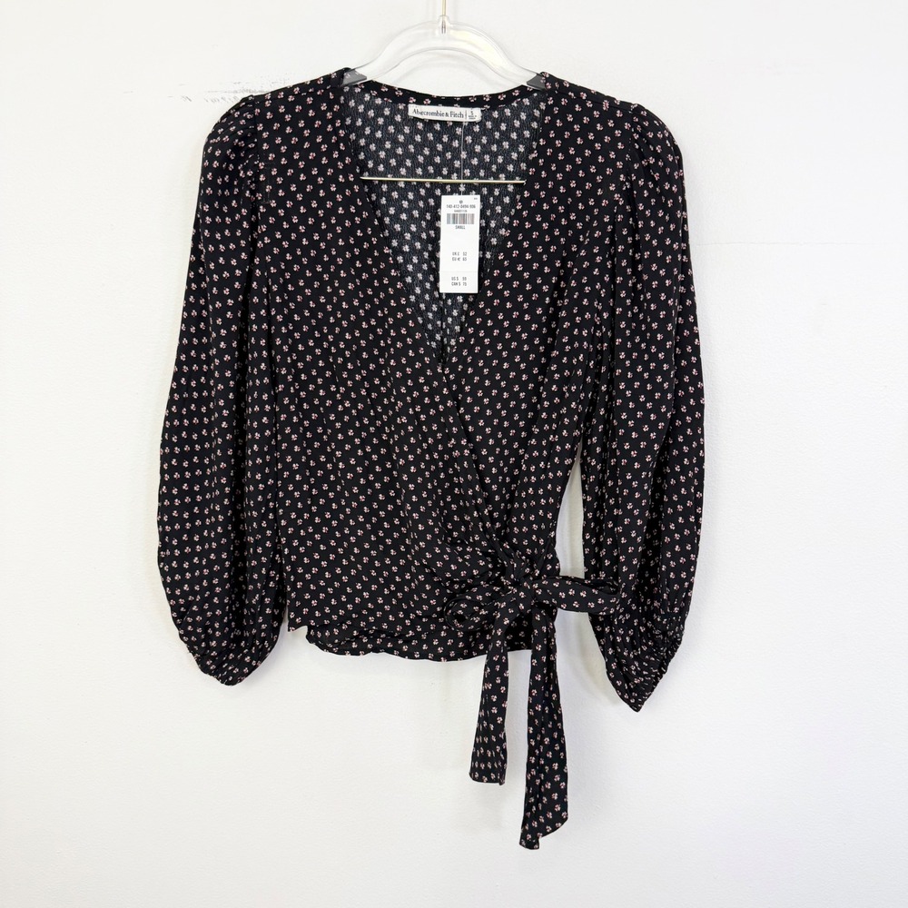 Abercrombie & Fitch Black Floral Wrap Tie Blouse Puff Sleeve Size S